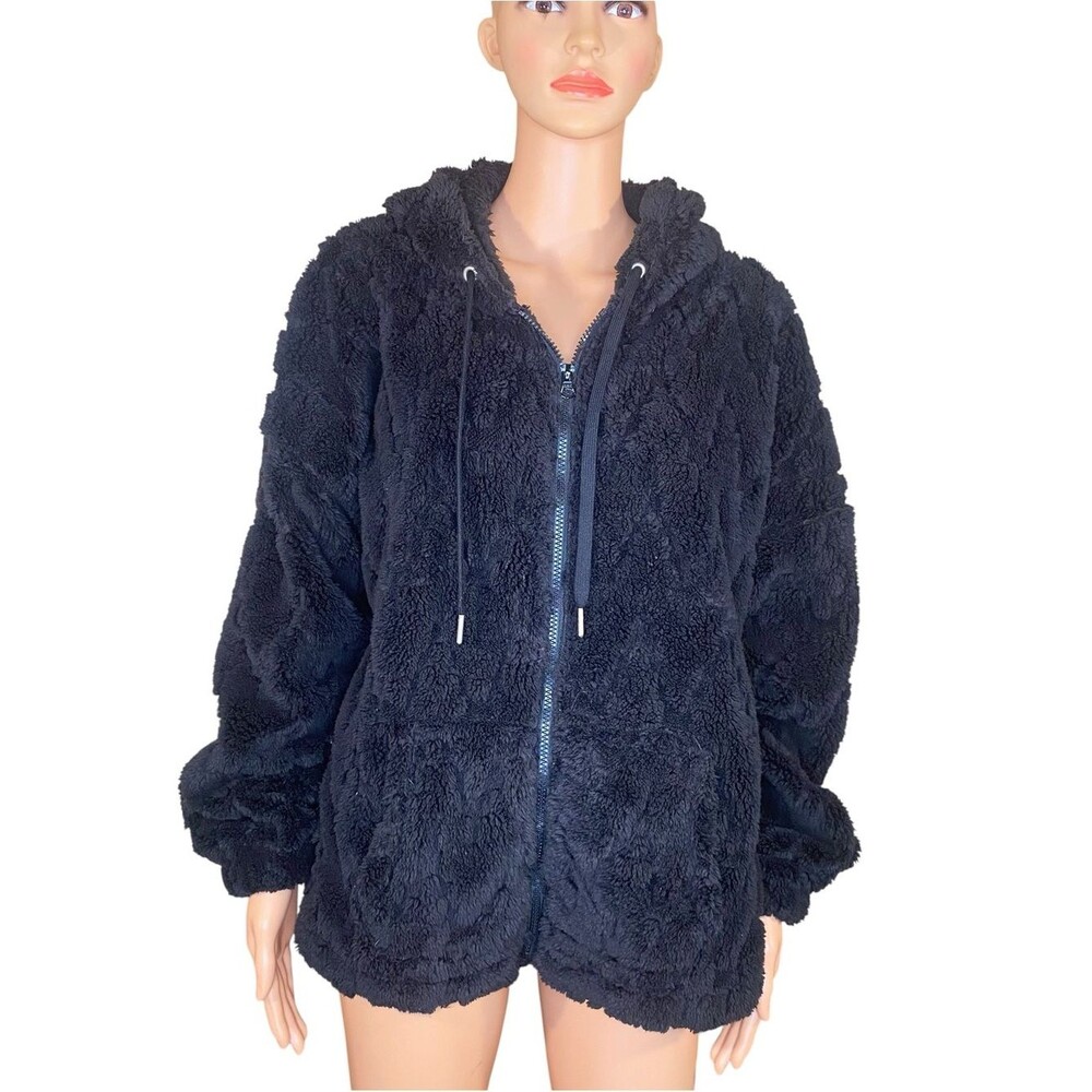 Faded Glory Teddy Jacket Plush Black Zip-Up Hoodie Cozy Soft Junoirs Size 15-17